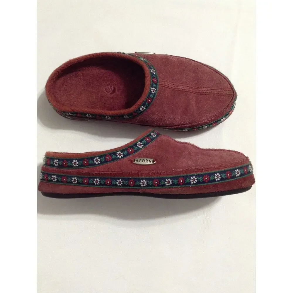 Acorn Womens Suede Clog Slippers Size WS 5-6 Red Raisin Floral Woven Trim Mule